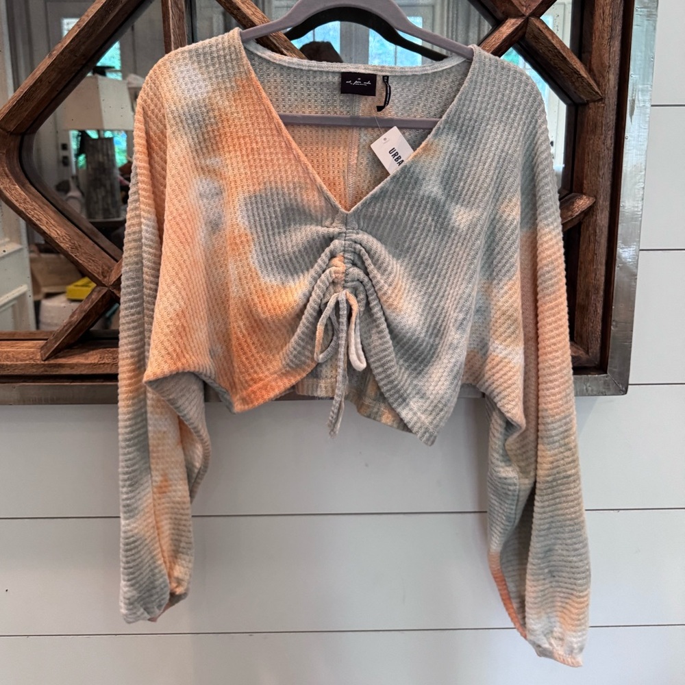 Urban Outfitters Orange and Gray Ruched Crop Sweater